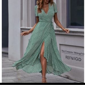 Green Floral Wrap Dress